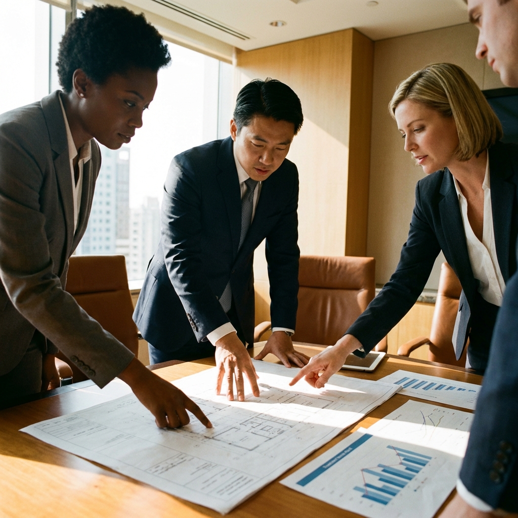 Team analyzing financial documents